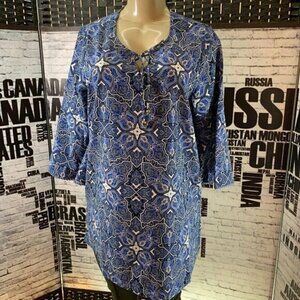 Ellos10 Blue Geometric Print Tie Neck 3/4 Bell Sleeve Top